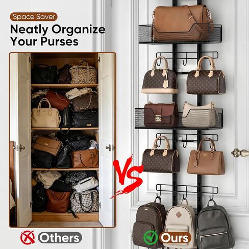 Purse Organizer, Bag Organizer for Closet Door, Over The Door Hanging Handbag Storage Rack with Adjustable 12 Metal Hooks & 2 Baskets, Foldable, No Tools Installation in Saudi Arabia