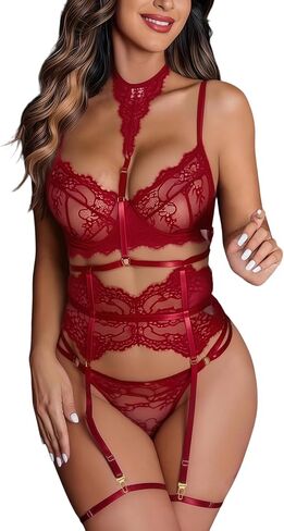 Garter Lingerie Set for Women,Floral Lace Lingerie Bra and Panty Set with Removable Strappy Belt 3 Piece in Saudi Arabia