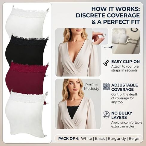 PoXiaon4 PCS Modesty Panel Cleavage Cover Up for Low Neckline - Lace Cami Inserts for Women Low Cut Dresses, Mock Camisole Lace Bandeau Bra Overlay, in Kuwait