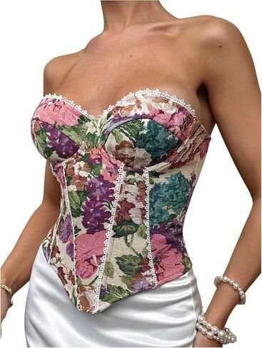 RoseSeek Women's Vintage Floral Strapless Corset Top Lace Up Underwire Bustier Crop Tops in Kuwait
