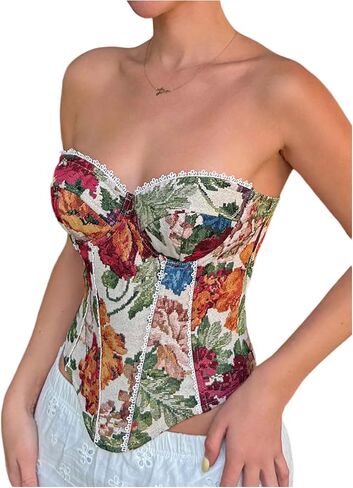 RoseSeek Women's Vintage Floral Strapless Corset Top Lace Up Underwire Bustier Crop Tops in Kuwait