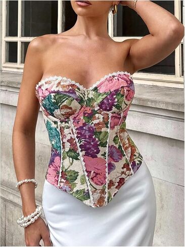 RoseSeek Women's Vintage Floral Strapless Corset Top Lace Up Underwire Bustier Crop Tops in Kuwait