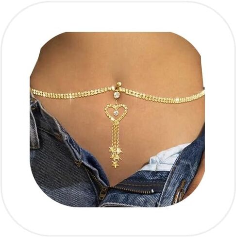 Rhinestone Heart Dangle Belly Button Ring with Waist Chain Crystal Piercing Navel Belly Chain Sexy Bikini Body Chain Jewelry Accessories for Women in Kuwait