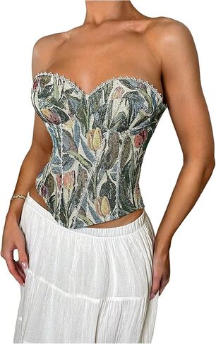 RoseSeek Women's Vintage Floral Strapless Corset Top Lace Up Underwire Bustier Crop Tops in Kuwait