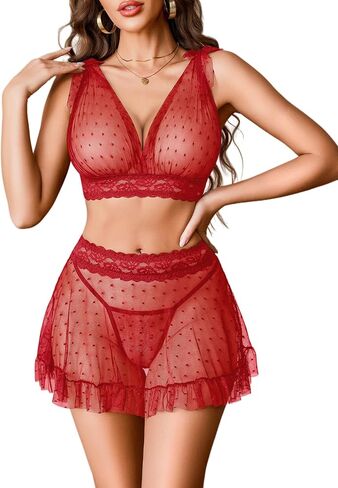 Avidlove Women Lingerie Sexy Sheer 3 Piece Lingerie Sets Polka Dot Bow Top with Ruffle Mini Skirt and Thong in Saudi Arabia