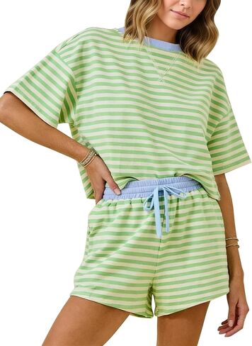 MISSACTIVER Womens Lounge 2 Piece Sets Summer Striped Matching Pajamas Set Short Sleeve Oversized T Shirts Drawstring Shorts in Kuwait