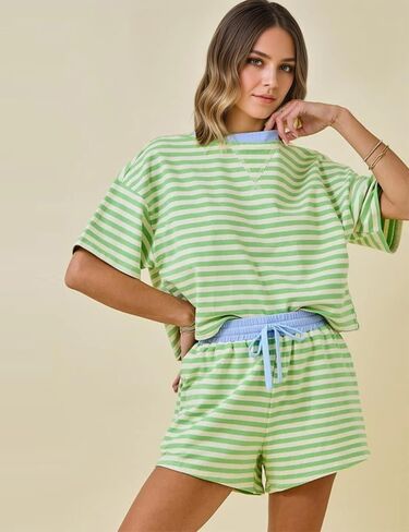 MISSACTIVER Womens Lounge 2 Piece Sets Summer Striped Matching Pajamas Set Short Sleeve Oversized T Shirts Drawstring Shorts in Kuwait