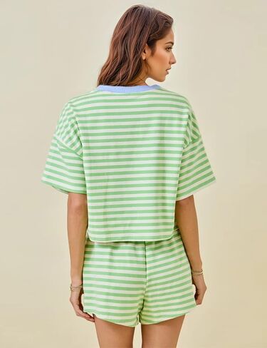 MISSACTIVER Womens Lounge 2 Piece Sets Summer Striped Matching Pajamas Set Short Sleeve Oversized T Shirts Drawstring Shorts in Kuwait