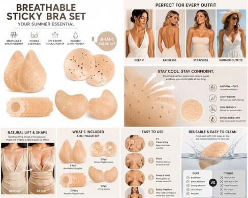 Breathable Adhesive Bra for Women, Invisible Push Up Sticky Bra for Summer Outfits in Saudi Arabia