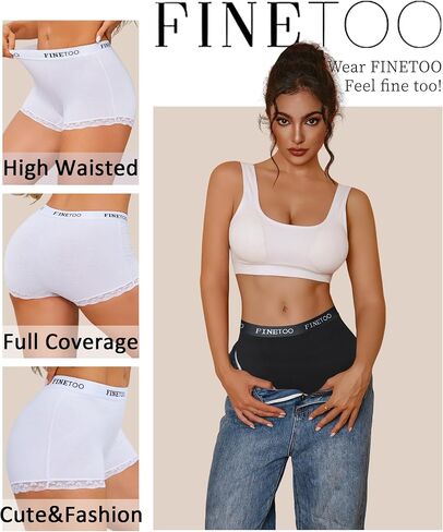 FINETOO 6 Pack Womens Underwear Cotton Boy Shorts High Waisted Full Coverage Boxer Briefs Sexy Lace Panties for Lady Girls in Kuwait