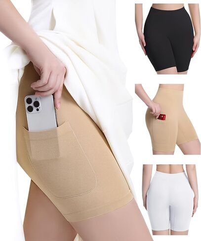 3 Pack Slip Shorts for Under Dress with Pocket Smooth Anti Chafing Shorts Women Bike Shorts in Saudi Arabia