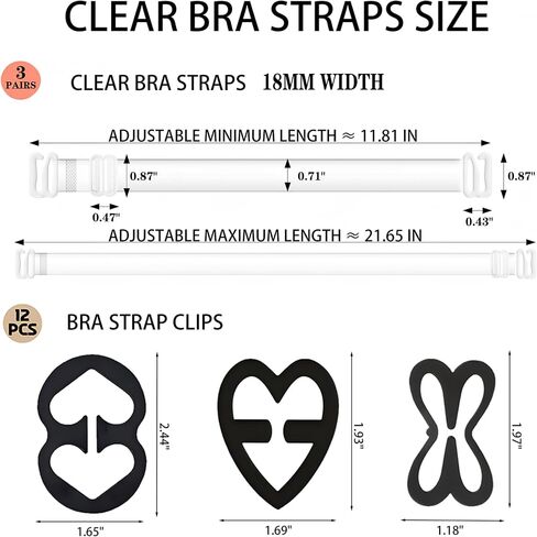3 Pairs Clear Bra Straps + 12 PCS Bra Strap Clips, Adjustable/Thickened/Invisible/Transparent/Non-Slip Bra Straps in Kuwait