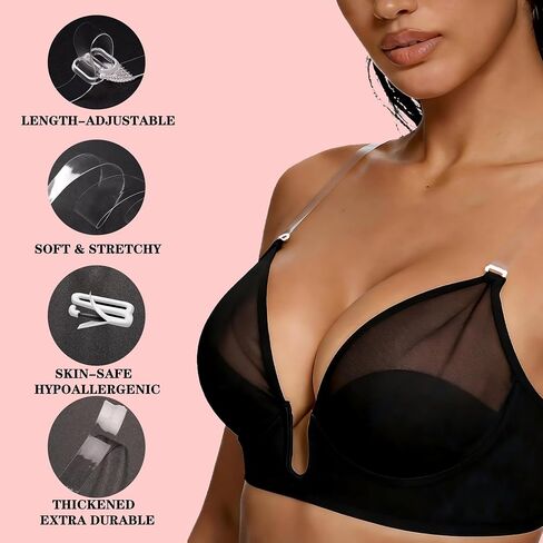 3 Pairs Clear Bra Straps + 12 PCS Bra Strap Clips, Adjustable/Thickened/Invisible/Transparent/Non-Slip Bra Straps in Kuwait