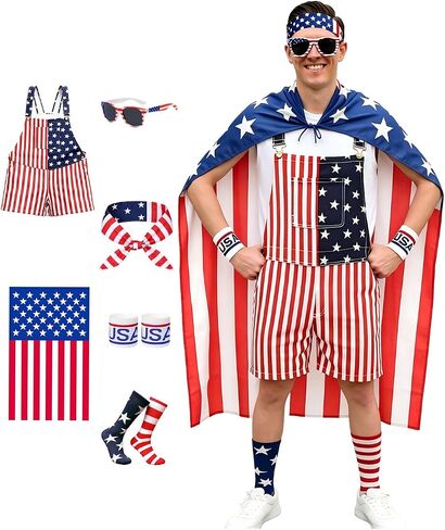 American Flag Overalls Men 4th of July Outfits Costume Unisex with Red White Blue Accessories Patriotic Shorts in Saudi Arabia
