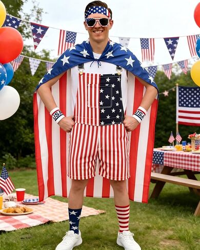American Flag Overalls Men 4th of July Outfits Costume Unisex with Red White Blue Accessories Patriotic Shorts in Saudi Arabia