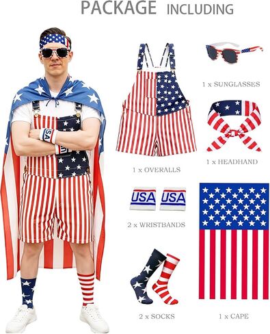 American Flag Overalls Men 4th of July Outfits Costume Unisex with Red White Blue Accessories Patriotic Shorts in Saudi Arabia