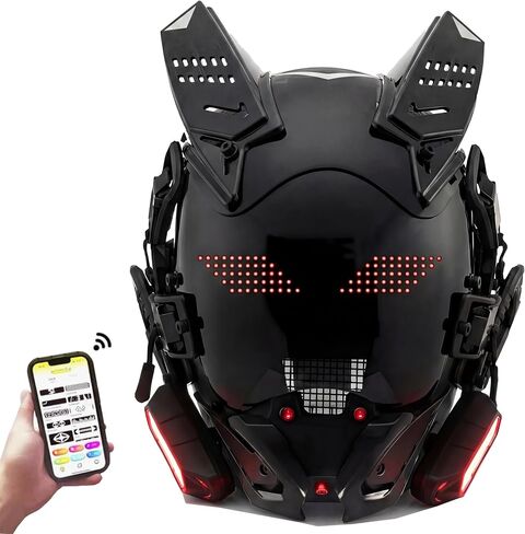 Cyberpunk LED Mask with Bluetooth App Control – Futuristic Cosplay Mask for Adult, Programmable RGB Light Mask for Party Rave Music Festival, Cyber Gothic Helmet Style Techwear Accessory (Black) in Saudi Arabia
