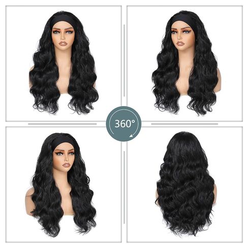 شعر مستعار أسود للنساء بعصابة رأس طويلة مموجة بطول 60.96 سم يمكن ارتداؤه وتذهب بدون غراء نصف باروكة فضفاضة مموجة صناعية طويلة للنساء بكثافة 200% in Kuwait