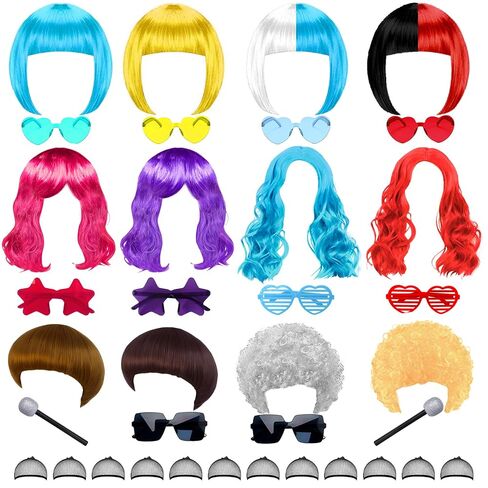 12 Funny Wigs with Sunglasses Set, Multi Colorful Bob Long Wavy Mushroom Afro Crazy Fun Party Costume Wig for Women Men (Multicolor) in Kuwait