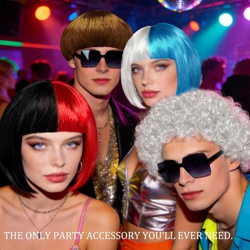 12 Funny Wigs with Sunglasses Set, Multi Colorful Bob Long Wavy Mushroom Afro Crazy Fun Party Costume Wig for Women Men (Multicolor) in Kuwait