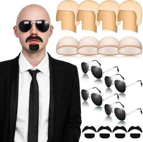 Mepase Bald Caps with Glasses and Mustache Bald Head Wig Cap Party Costume Accessories for Women Men Halloween Cosplay in Kuwait