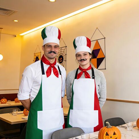 مجموعة أزياء الشيف الإيطالي، مريلة علم إيطاليا، قبعة الشيف، باندانا، لحية مزيفة لحفلات إيطاليا، ليالي البيتزا، أحداث الطبخ، هدايا المطبخ in Kuwait