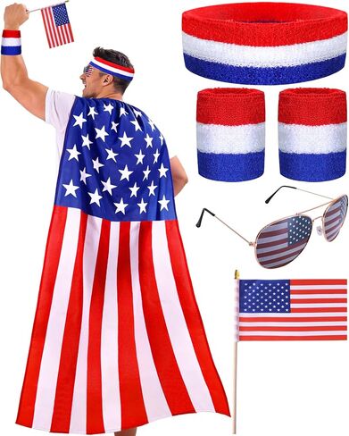 5 PCS American Flag Costume,4th of July Accessories USA Flag/Cape/Glasses/Headband,250th Anniversary USA Costume in Saudi Arabia
