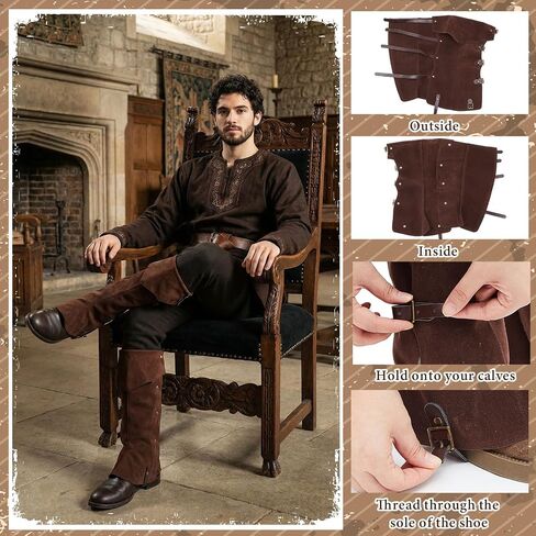 Mepase Men's Pirate Medieval Boot Covers, Renaissance Pirate Costume Steampunk Boots Cover Except Shoes, Viking Warrior Knight Armor Leg Gaiters Cosplay Accessory Dark Brown in Kuwait