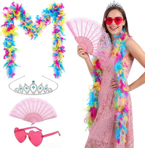 4 Pcs Feather Boas Princess Costume Accessories for Women, Heart Sunglasses, Crown, Lace Fan for Wedding Tea in Saudi Arabia