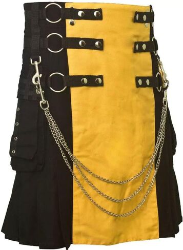 Deluxe Utility Kilt, Modern Hybrid Scottish Kilt Traditional Fashion Kilts with Chain 100% Cotton (Black & Yellow, 40) in Saudi Arabia