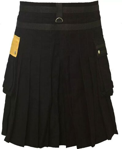 Deluxe Utility Kilt, Modern Hybrid Scottish Kilt Traditional Fashion Kilts with Chain 100% Cotton (Black & Yellow, 40) in Saudi Arabia