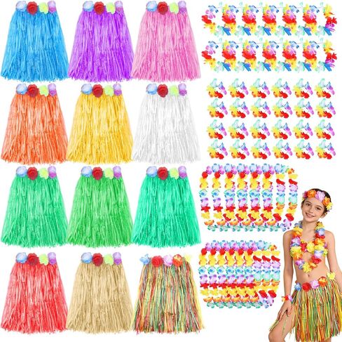 NICEMOVIC 12pcs Hawaiian Grass Skirts with 24pcs Bracelets, 12 pcs Necklaces &12 pcs Headbands, Luau Party Decorations Bulk for Women Adult, Hula Skirt for Tropical Beach Holiday Party Favor Supplies in Saudi Arabia