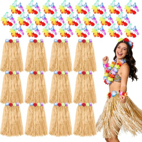 HOFASON 12PCS Luau Hawaiian Raffia Skirts With 24PCS Wristbands Party Decorations Bulk for Women Adult, Hibiscus Flowers Hula Skirt for Tropical Beach Holiday Birthdays Costume Party Favor Supplies in Saudi Arabia
