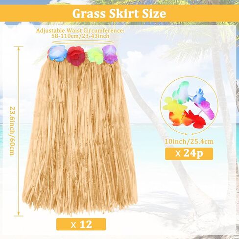 HOFASON 12PCS Luau Hawaiian Raffia Skirts With 24PCS Wristbands Party Decorations Bulk for Women Adult, Hibiscus Flowers Hula Skirt for Tropical Beach Holiday Birthdays Costume Party Favor Supplies in Saudi Arabia