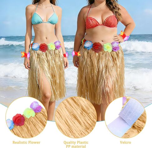 HOFASON 12PCS Luau Hawaiian Raffia Skirts With 24PCS Wristbands Party Decorations Bulk for Women Adult, Hibiscus Flowers Hula Skirt for Tropical Beach Holiday Birthdays Costume Party Favor Supplies in Saudi Arabia