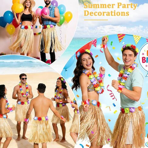 HOFASON 12PCS Luau Hawaiian Raffia Skirts With 24PCS Wristbands Party Decorations Bulk for Women Adult, Hibiscus Flowers Hula Skirt for Tropical Beach Holiday Birthdays Costume Party Favor Supplies in Saudi Arabia