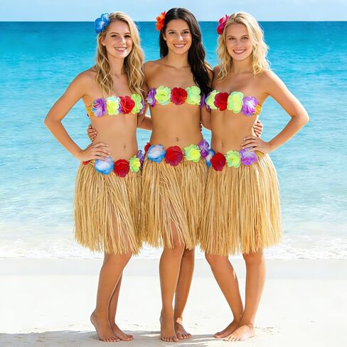 HOFASON 12PCS Luau Hawaiian Raffia Skirts With 24PCS Wristbands Party Decorations Bulk for Women Adult, Hibiscus Flowers Hula Skirt for Tropical Beach Holiday Birthdays Costume Party Favor Supplies in Saudi Arabia