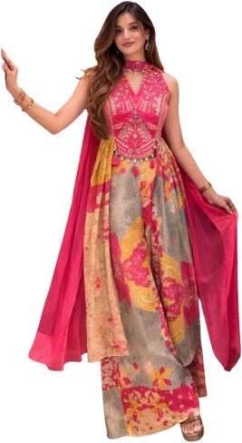 Women's Indian Ethnic Shrug Outfit, Pink Floral Printed Anarkali with Hand Work Embroidered Top and Dupatta in Saudi Arabia