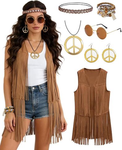 kasahara 60s 70s Outfit for Women Hippie Costume Clothes Fringe Vest with Hippie Accessories Boho Headband for Disco in Saudi Arabia