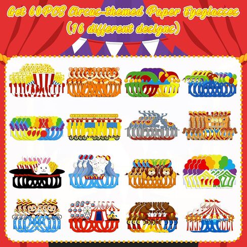 Moon Boat 60Pcs Circus Paper Glasses Party Decorations for Adults Bulk, Carnival Theme Photo Booth Props Sunglasses Birthday Supplies in Kuwait