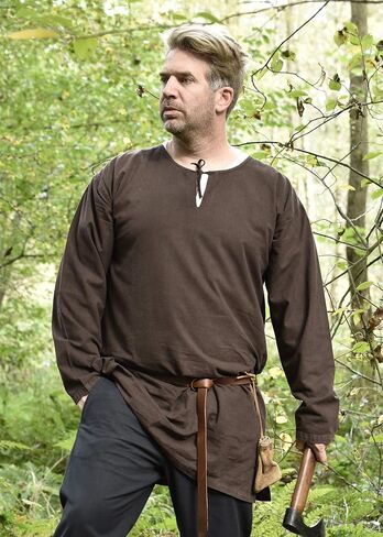 Battle-Merchant Medieval Tunic for Men – Long Sleeve Cotton Renaissance Shirt, Viking LARP Costume Top Gunther, Brown, L in Kuwait