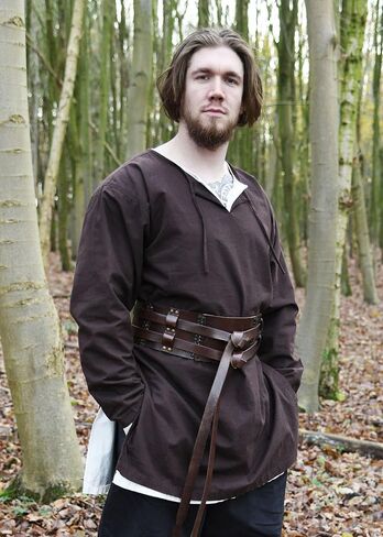 Battle-Merchant Medieval Tunic for Men – Long Sleeve Cotton Renaissance Shirt, Viking LARP Costume Top Gunther, Brown, L in Kuwait