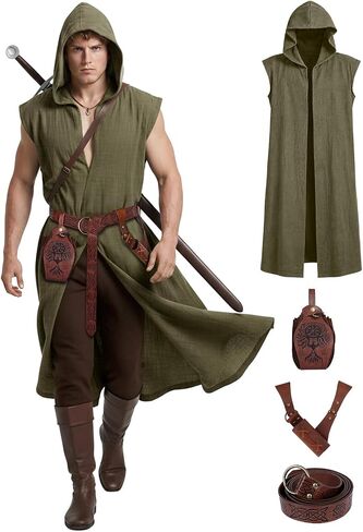 Renaissance Costume Set for Men - 4PC Medieval Viking Hooded Sleeveless Surcoat, Ren Faire Halloween Cosplay Outfit in Saudi Arabia