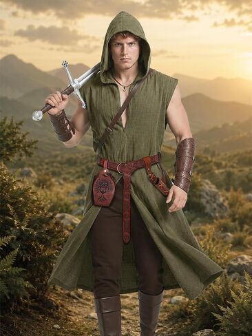 Renaissance Costume Set for Men - 4PC Medieval Viking Hooded Sleeveless Surcoat, Ren Faire Halloween Cosplay Outfit in Saudi Arabia