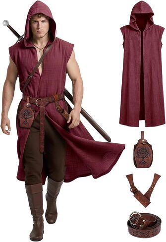 Renaissance Costume Set for Men - 4PC Medieval Viking Hooded Sleeveless Surcoat, Ren Faire Halloween Cosplay Outfit in Saudi Arabia