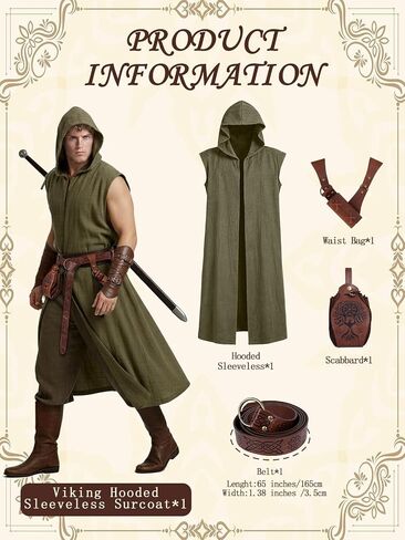 Renaissance Costume Set for Men - 4PC Medieval Viking Hooded Sleeveless Surcoat, Ren Faire Halloween Cosplay Outfit in Saudi Arabia