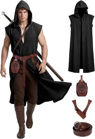 Renaissance Costume Set for Men - 4PC Medieval Viking Hooded Sleeveless Surcoat, Ren Faire Halloween Cosplay Outfit in Saudi Arabia