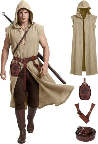 Renaissance Costume Set for Men - 4PC Medieval Viking Hooded Sleeveless Surcoat, Ren Faire Halloween Cosplay Outfit in Saudi Arabia