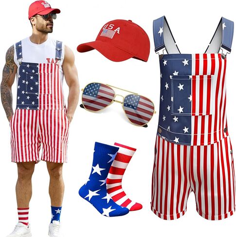 American Flag Overalls Men,USA Hat,4th of July Sunglasses,Patriotic Socks,4 Pcs for Memorial Independence Day in Saudi Arabia