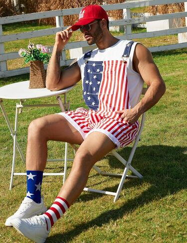 American Flag Overalls Men,USA Hat,4th of July Sunglasses,Patriotic Socks,4 Pcs for Memorial Independence Day in Saudi Arabia